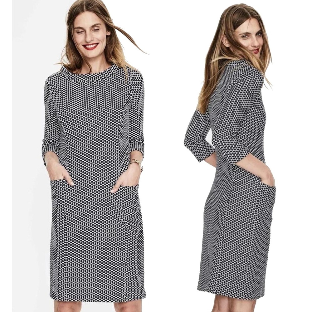Boden Navy White Honeycomb Knit Shift Dress, 8R, 3/4 Sleeve, Pockets